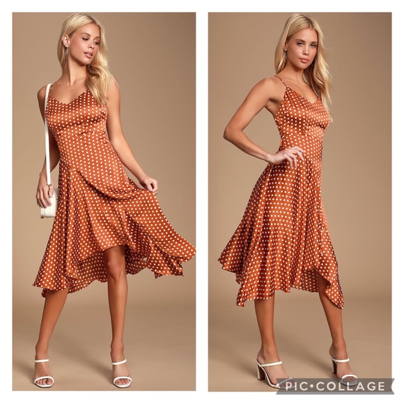 Lulu’s “Bellamy” Rust Brown Polka Dot Backless Dress - Picture 1 of 2